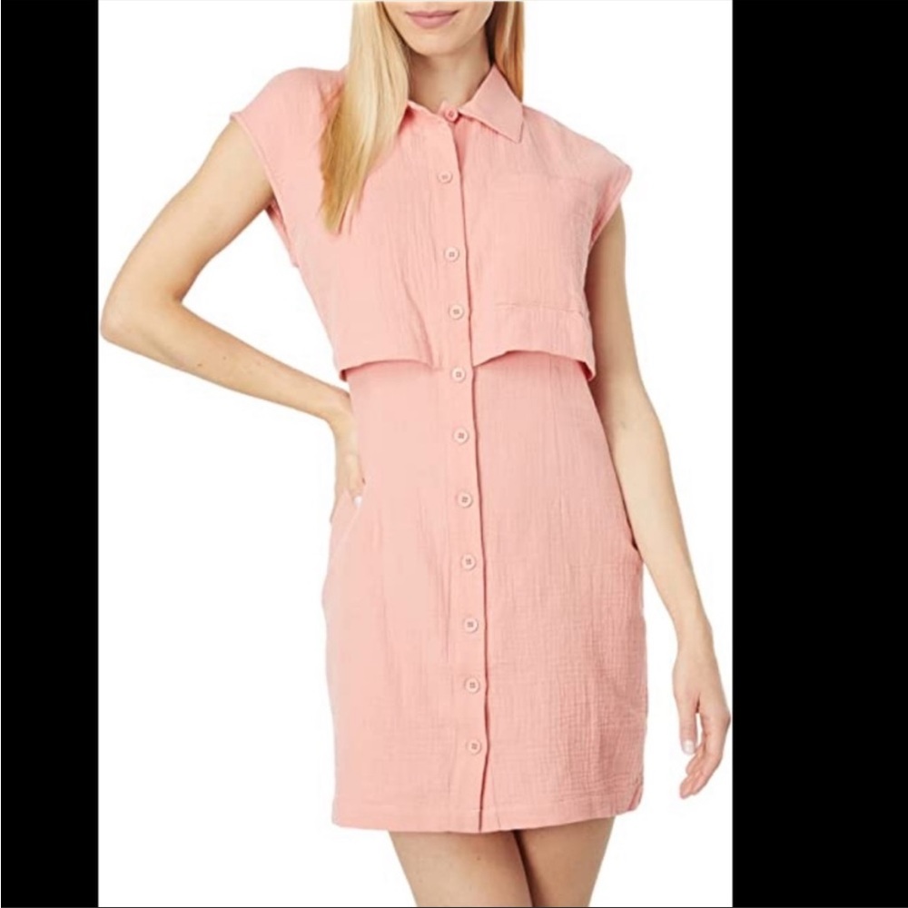 Monrow Double Layer Shirt Dress, Coral, Size Large, NWT - Picture 2 of 4